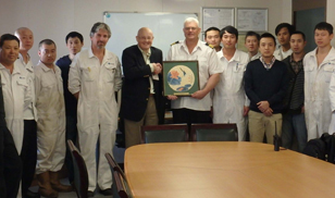 From Left to Right: AB Wang Huicheng, C/Steward Zhao Sheng, Fitter Guan Yu, 3/E Ji Guangmin, C/E Tim Stackhouse, GM Pau Oliver, Capt. David Rice, 3/O Qi Jiangong, Sr. 2/O Shen Kaikai, C/Cook Li Bin, 4/E Gu Gang, D/Cadet Yang Wenbin, 3/E Lei Jingguo, E/Cadet Wang Wufeng.
