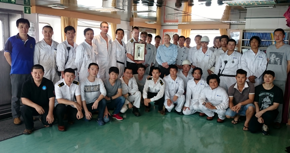 From Left to Right: Back row: Operations Manager Li Hongwei, AB Zhao Xinlei, Bosun Hao Shi, G/E Yu Changhai, 2/E David Duncan, C/O Wang Hongsheng, Capt. Gary Watson, C/E William Neilson, Steward Huang Hao, OS Wang Zhenglong, GM Paul Oliver, 2/O Hu Rui, Chief Steward Wang Chunnan, Oiler Zhang Wenlai, ETO Zhu Congzhen, OS Zhao Yong, Chief Cook Gong Jinchang, Second Cook Cao Fuan, Deck Cadet Zhou Jin, OS Chen Qiaomeng, Riding Squard Gaylord Bae Recto, J/O Zhang Wentao. Front row: 3/E Jian Yongjin, 3/O Chen Hongwei, Oiler Chen Liangliang, 4/E Hou Hongguang, Sr. 3/E Yan Tao, Junior Engineer Xu Tianchi, 3/O Bao Chunyan, Asst. ETO Hang Chengming, Oiler Xing Wei, Riding Squad Leonardo Jr. Seguis Alegre, Riding Squad Francis Glenn Borres Ople, AB Wei Haoxuan, 3/E Wu Song.