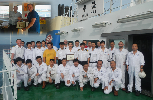 From Left to Right: Top corner: General Manager Paul Oliver, Capt. Andy Shearer. Back row: Steward Bi Jianming, 2/Ck Yu Mingfa, E/C Sun Xin, AB Lu Haibin, C/O Paprocki Przemyslaw, C/Ck Xu Zhigang, J/O Yang Bochao, OS Sun Yuanmin, Ch/Stwd Jiang Shengchun. Middle Row: Capt. Andy Shearer, 4/E Wang Bin, OS Zhang Shudong, 2/O He Zhihui, 3/O Yang Kaiting, D/C Wu Congguang, C/O Shang Deyong, 2/O Li Lanjie, ETO Hu Jian, Bosun Jiao Bin, 2/E Steven Colvin, Oiler Qi Wanman. Front row: 3/E Zhang Yuxue, 3/E Cheng Jiangbin, AB Wang Zixuan, J/E Lu Shihan, AB Lian Weiguang, AB Li Kujun, Oiler Li Chaoxiang, Fitter Wang Hongbin, Oiler Zhao Xu.